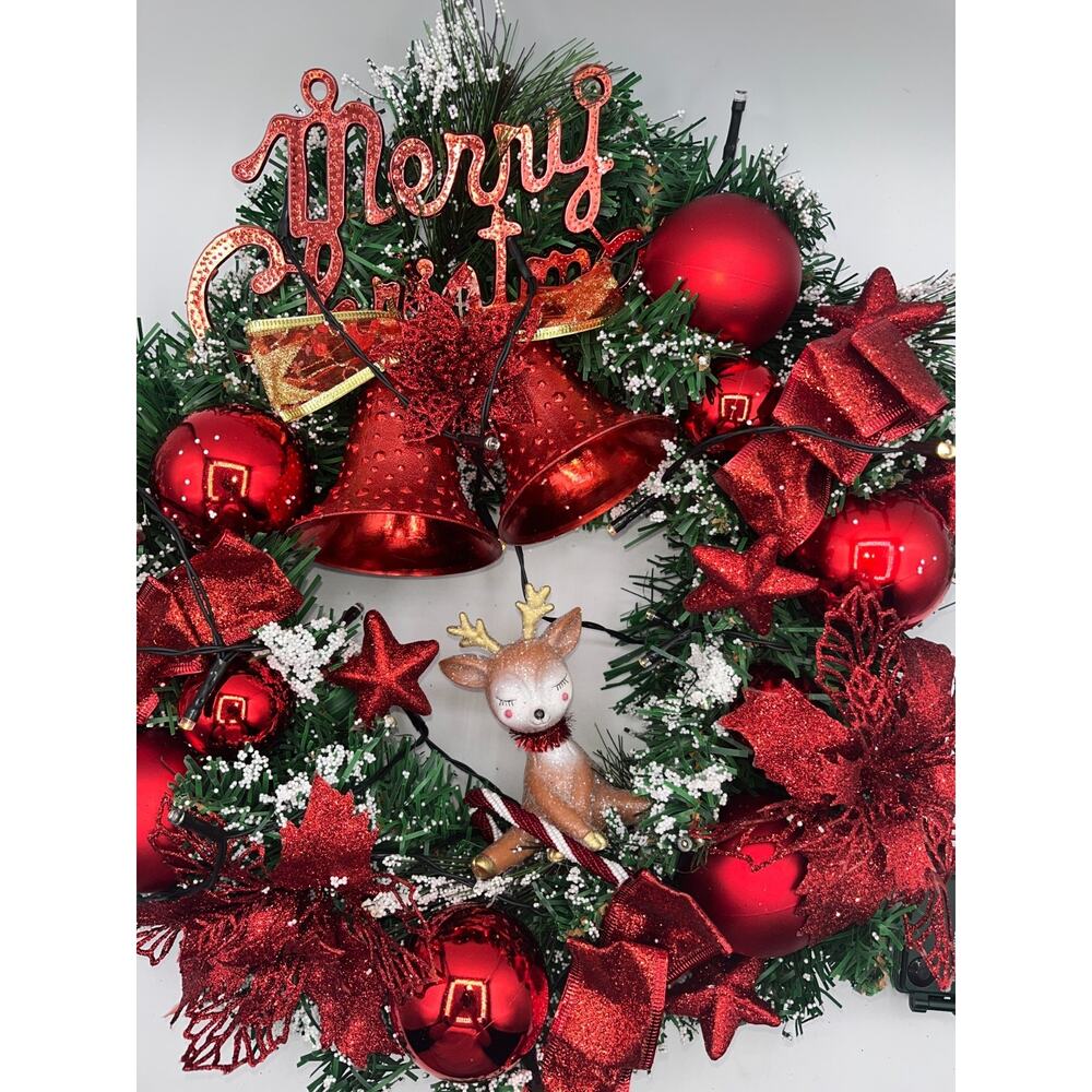 Pre Lit Merry Christmas Wreath with Twinkly Lights plus Reindeer Poinsettia Bell - Picture 10 of 16